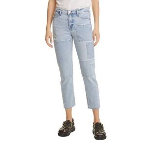 NWT Frame Le Garcon Hideaway Raw Hem Patched Distressed Jeans in Light Wash